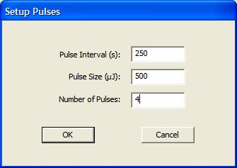 1 Click Setup and input the desired interval in seconds, the heat pulse size in µjoules, and the number of calibration pulses, then select OK. The table updates when the new settings are confirmed.