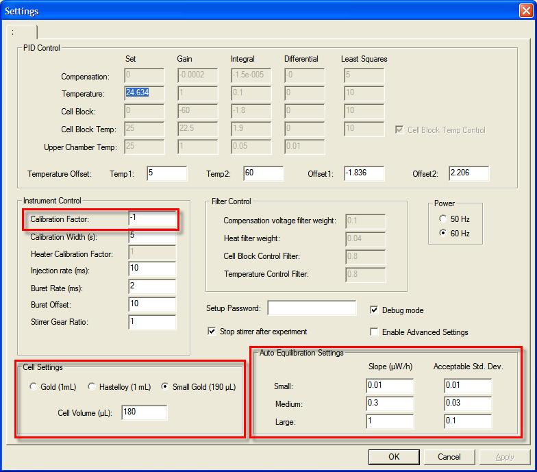 Instrument Settings The instrument settings window is accessible while the instrument is idle between experiments. Click Settings or select the Settings item in the Experiment menu.