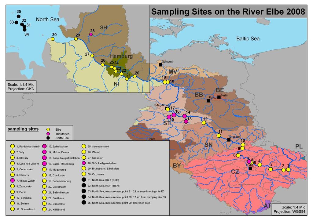 Figure 2: Catchment of the Elbe with sampling sites from 2008.