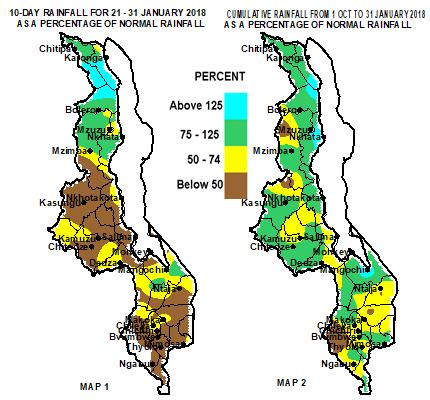 Below, Map 1 shows that during the last ten days of January 2018 good rainfall continued to be confined mostly to northern areas of the country while low rainfall and prolonged dry conditions