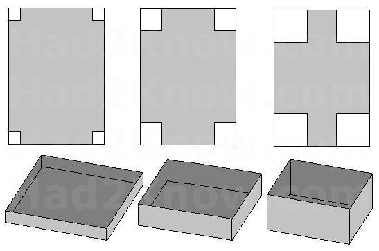 2. Homer wishes to make an open box from a square piece of tin of dimensions 30 cm by 42 cm by cutting out equal squares in each corner and folding up the sides.