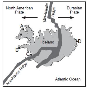 129. Base your answer to the following question on the map below of Iceland, a country located on the Mid-Atlantic Ridge. Four locations are represented by the letters A through D.