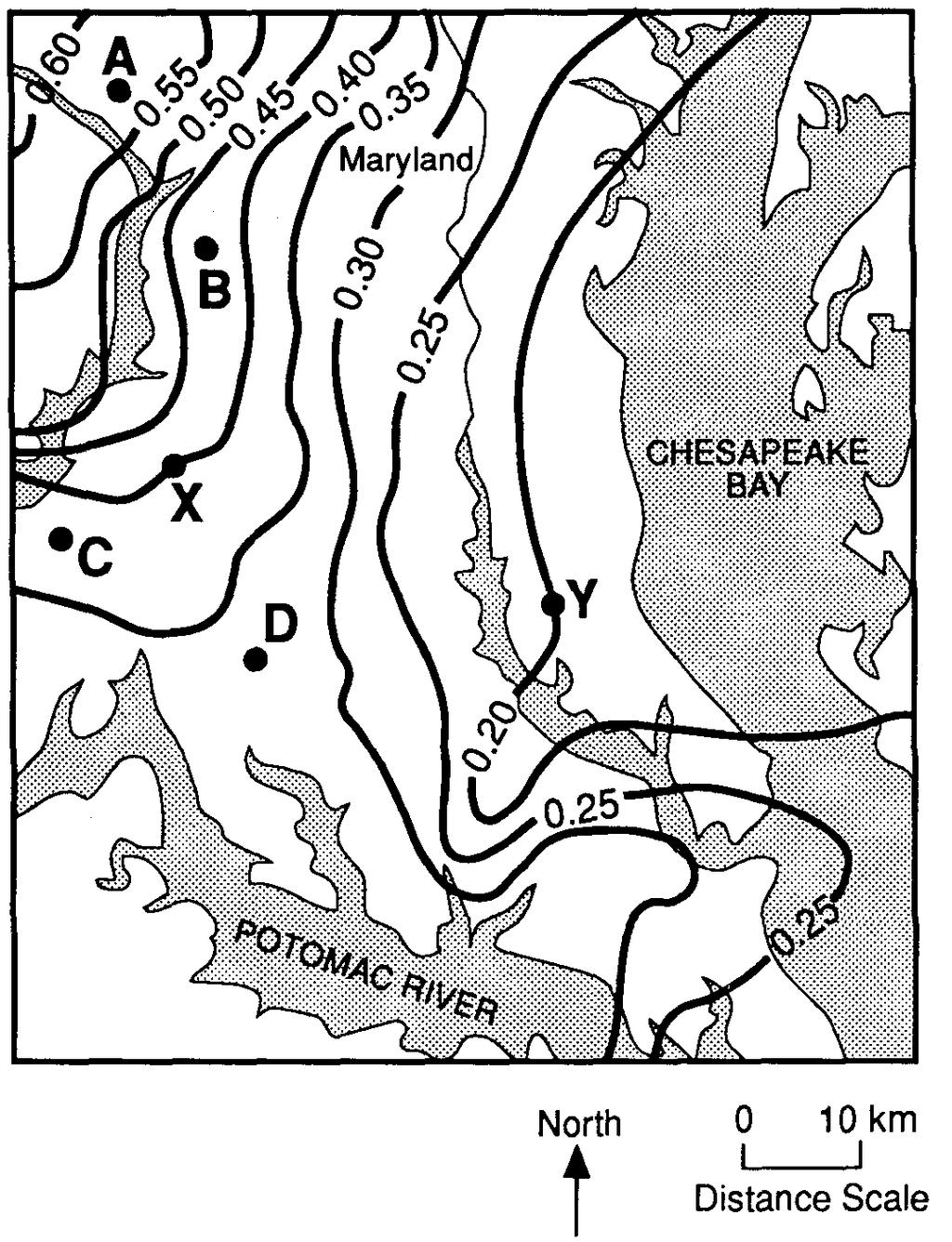 165. Base your answer to the following question on the field map below, which shows the average size of particles deposited by streams that drained an area of Maryland during the Pleistocene Epoch.