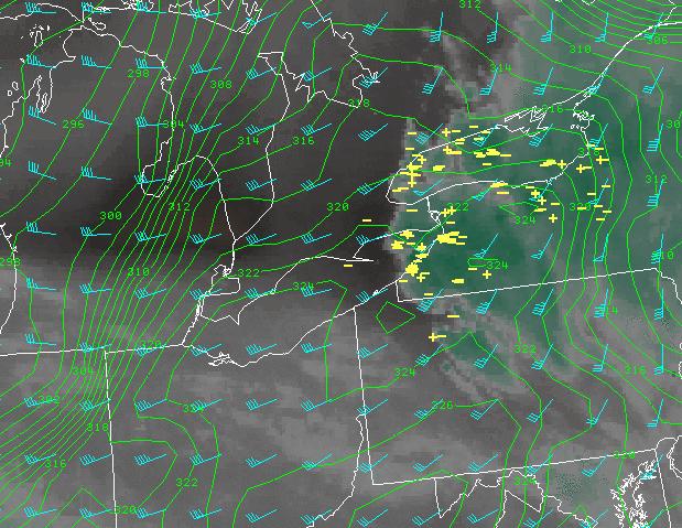 a) 1300 UTC The thunderstorm activity associated with the warm advection formed a line that is visible in the WV imagery. The thunderstorms over western New York did produce severe damage.