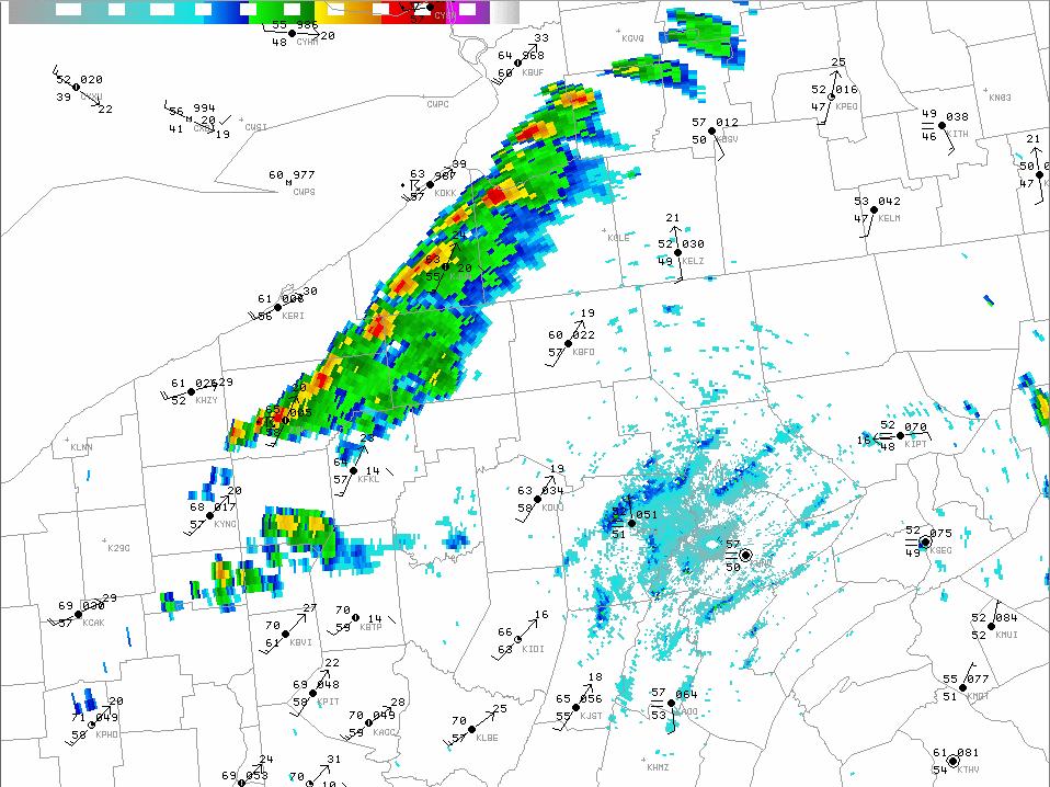 Figure 7 KCCX radar valid at 09/2200 UTC with 2200 UTC surface observations. Note the line of storms east of Lake Erie. Pennsylvania and New York.