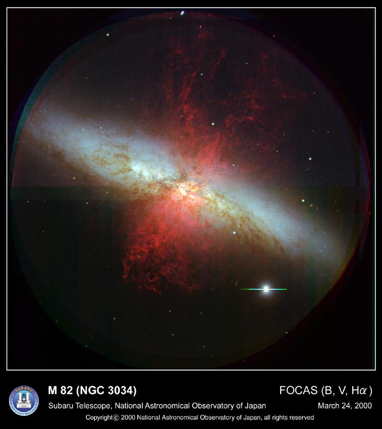 some way. M82 is a well known irregular galaxy full of hot stars and emission nebulae.