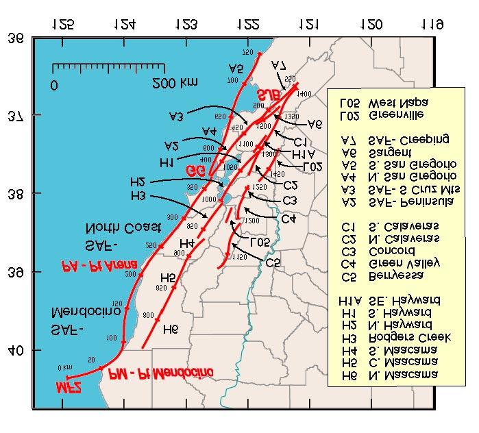 2 Figure 1. Base map showing the faults included in the San Francisco Bay Area earthquake simulations. Fault codes H6, A2, etc.