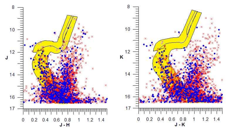 The blue dotes refer to the stars lie within the cluster edges, while the red ones represent the stars outside. The yellow areas represent the photometric envelopes along the main sequence curves, i.