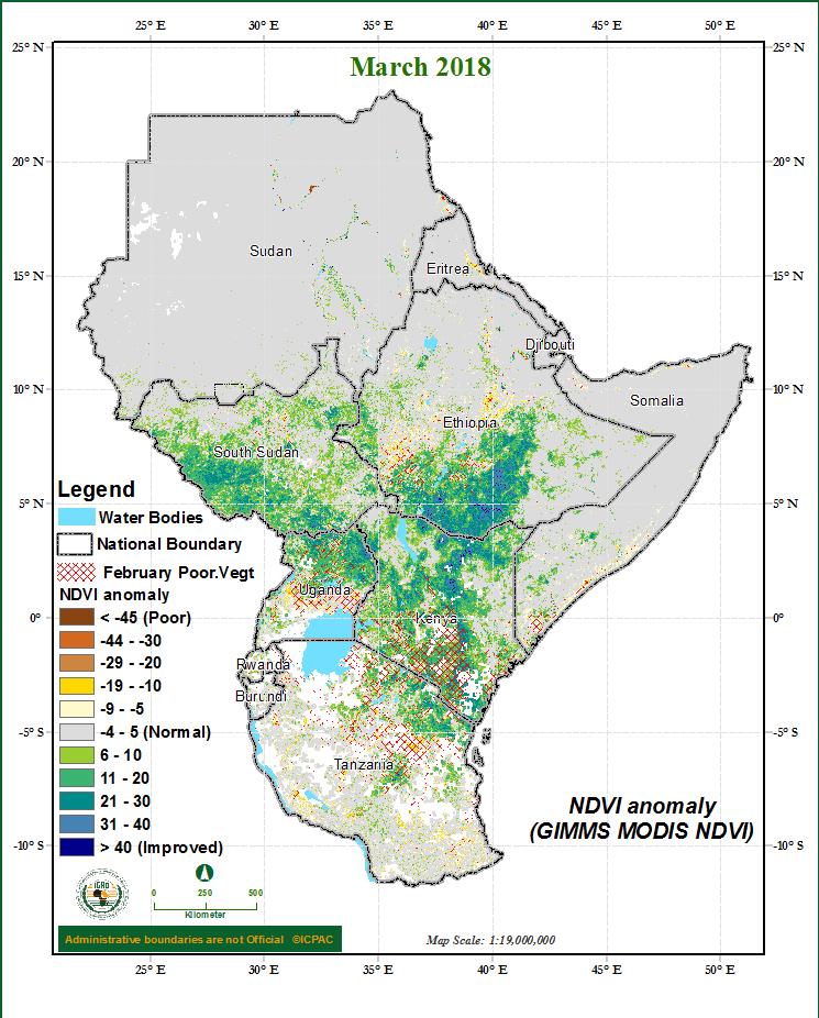 Much of the rest of the GHA region indicated little or no change in vegetative conditions as compared to the long term average for the month of March 2018. (Figure 9). 4.