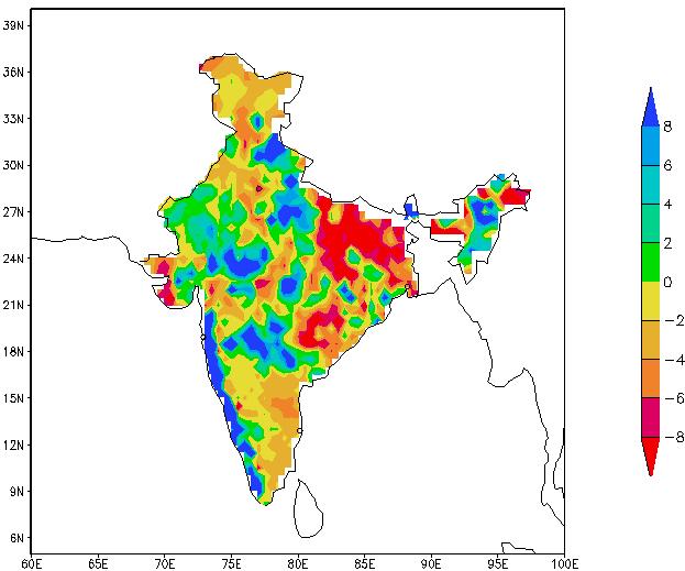 (a) (b) (c) Fig. 7.4: (a) Observed rainfall anomalies (mm/day) during 04-10 Jul, 2011, (b) Same as a but for the period 11-17 Jul, 2011 and (c) same as a but for the period 25-31 Jul, 2011.