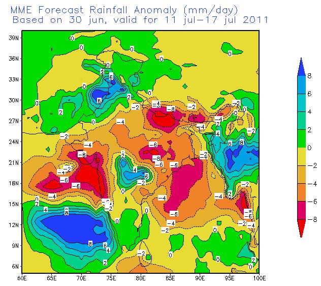 (c) & (d) The corresponding MME forecast rainfall anomalies (mm/day) during the period from 04-10 Jul, 2011 and 11-17 July, 2011.