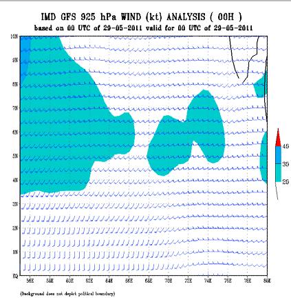 Fig. 1.5 (a) and Fig. 1.5 (b) depict the zonal wind speed at 925 hpa and 850 hpa on 29 th May and Fig.1.6 depicts the SSMI/TMI derived surface wind speed over the oceanic area on 29 th May.