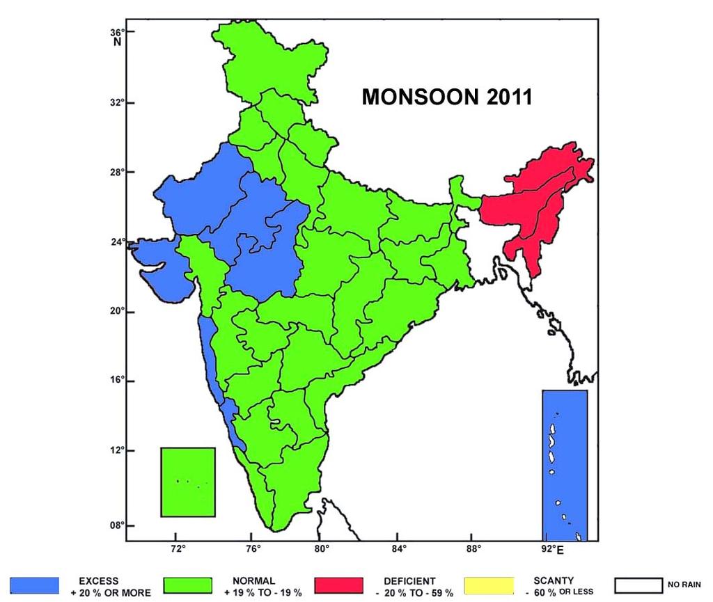 Gujarat region and parts of west Rajasthan on 8 th July. It covered the remaining parts of the country and thus, the entire country on 9 th July, 6 days ahead of its normal date (15 July).