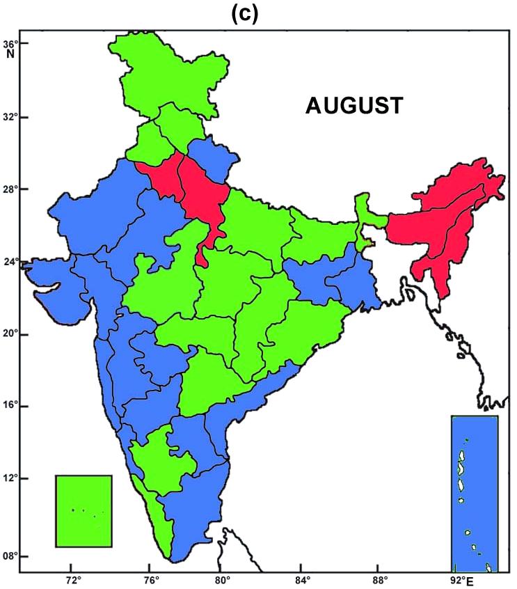 Fig.3.4 (a-d): Monthly sub-division wise rainfall percentage departure for June, July, August and September 2011.