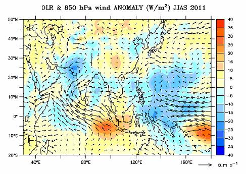 5: OLR anomaly overlay with 850hPa wind during June to September 2011 During the month of July the negative OLR anomalies were observed over Eastern Arabian Sea
