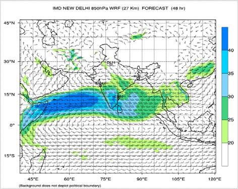 forecast. The month of July 2011 was associated with weaker monsoon flow as reflected in the analysis 850 hpa wind with western end of the monsoon trough to the north of the normal position (Fig. 5.