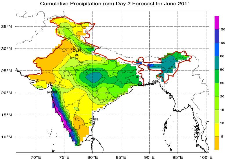 increasing with the increase in forecast hours. Like July 2011 the month of August 2011 also has the same problem with overestimation of rainfall in its forecast for Day-1, Day-2 and Day-3 (Fig. 5.