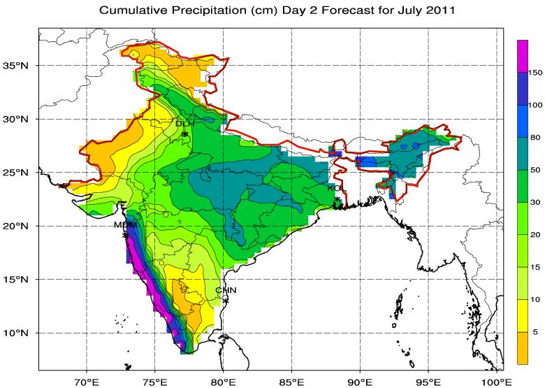 (a (b (c (d Fig. 5.6 : (a) Observed cumulative rainfall (cm) valid for July, 2011.