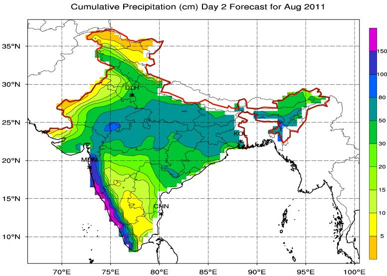 (a (b (c (d Fig. 5.7 : (a) Observed cumulative rainfall (cm) valid for August, 2011.