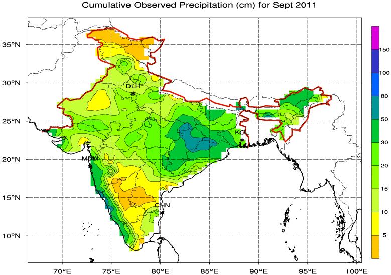(a (b (c (d Fig. 5.8: (a) Observed cumulative rainfall (cm) valid for September, 2010.