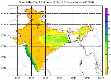 (a) Cumulative obs rainfall 16-22 Jun (cm) (b) Cumulative rainfall (cm) Day-1 forecast (c ) Cumulative rainfall (cm) Day-2 forecast (d)cumulative rainfall (cm) Day-3 forecast Fig.