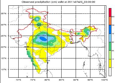 (a) Observed one day rainfall (23 July) (b) 24 hr forecast from WRF-ARW (c ) 48 hr forecast from WRF-ARW (d) 72 hr forecast from