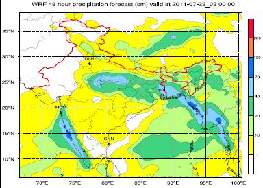 14 :Observed rainfall (mm) valid for (a) 23 July 2011 and corresponding WRF- ARW forecast rainfall valid for 23 July, 2011 (b) 24hr
