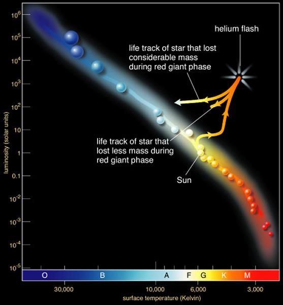 Evolution of a Low-Mass Star Red Giant Phase for Low Mass Stars As He core contracts, the star moves up the HR diagram.