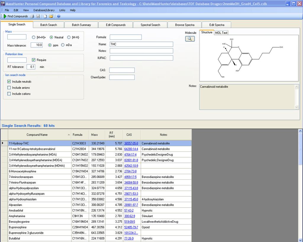 MassHunter PCDL: AMRT Database for Forensics Searchable fields Molecular formula Ret time