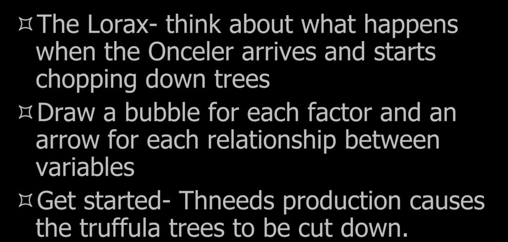 Analyze systems The Lorax- think about what happens when the Onceler arrives and starts chopping down trees Draw a bubble for each