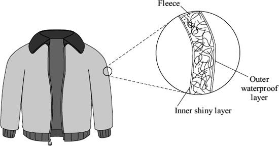 6 (a) The diagram shows a ski jacket that has been designed to keep a skier warm. The jacket is made from layers of different materials.