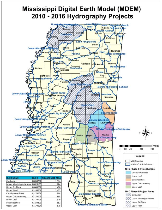 Mississippi Local-Res NHD Project Background Phase I (Fall 10 Spring 11) Blue hatched areas 4 full HUC 8 sub-basins all available on TNM Phase II (Fall 15 Ongoing) Work areas shown in pastel (eastern