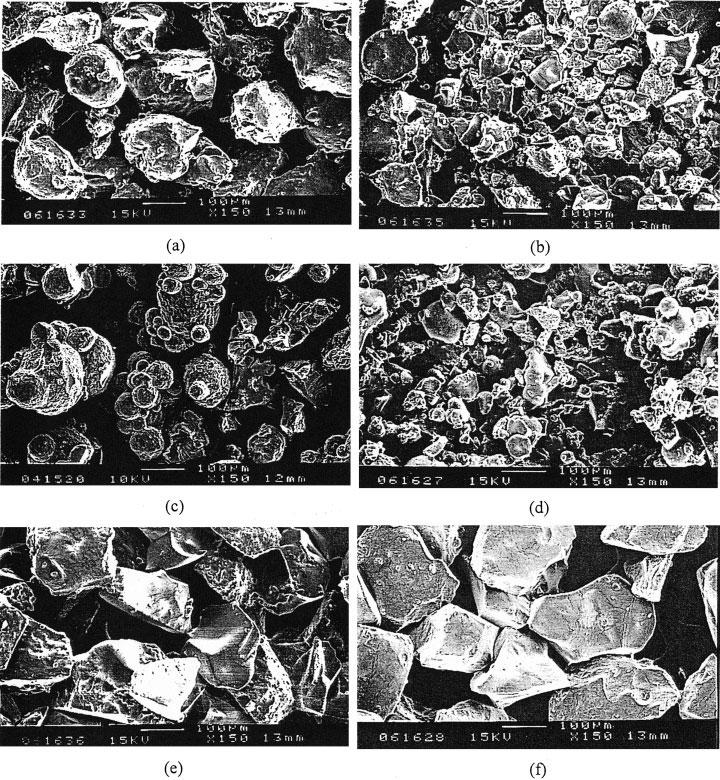 SUPERABSORBENT POLYMERIC MATERIALS. XII 3425 Figure 2 Scanning electron micrographs for dried NB series gels (a) (b), IB series gels (c) (d), and SB series gels (e) (f), 150.