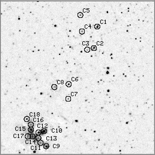 16 Fig. 4. Identification of the bright blue star clusters in the C image. The size of the field is 3.25 