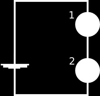 B. Set up the circuit containing two bulbs in series as shown (again using default values for bulb resistance and battery voltage). 1.