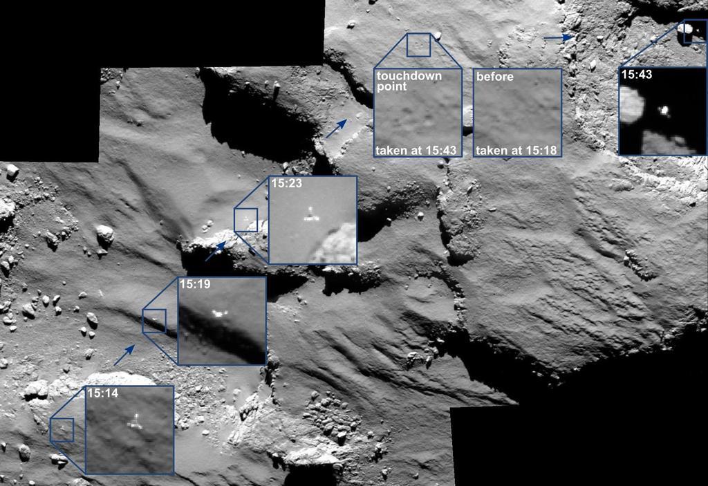 Images from the Rosetta spacecraft show Philae drifting across the surface of its