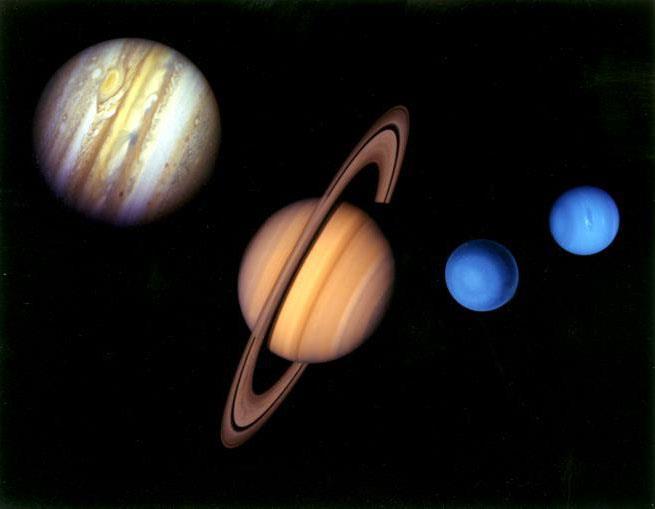 Surrounded by a group of thin, flat rings. Axis of rotation tilted at 90 degrees from the vertical. NEPTUNE Similar in size and color to Uranus. Cold, blue planet.