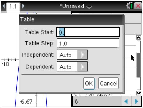 . Access the Table Set function by pressing Menu, Table, Edit Table Settings. You can change the TABLE so that the x-value increases by different increments by changed the Table Step.