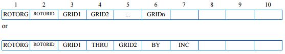 Figure 3-6 - ROTORG Data Entry Card In the ROTORG card, ROTORID is a positive integer number that serves as a rotor identification number, and GRID1, GRID2, and GRIDn are grid point (nodes) that are