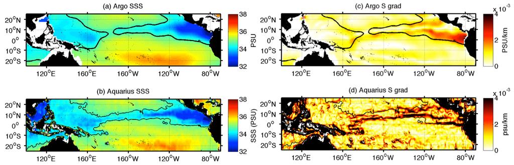 Sea surface salinity (SSS) maps from (a) Argo floats and (b) Aquarius satellite.