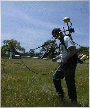 One example of hand held magnetometer equipment The measurements are recorded without the need to disturb the ground other than by foot fall.
