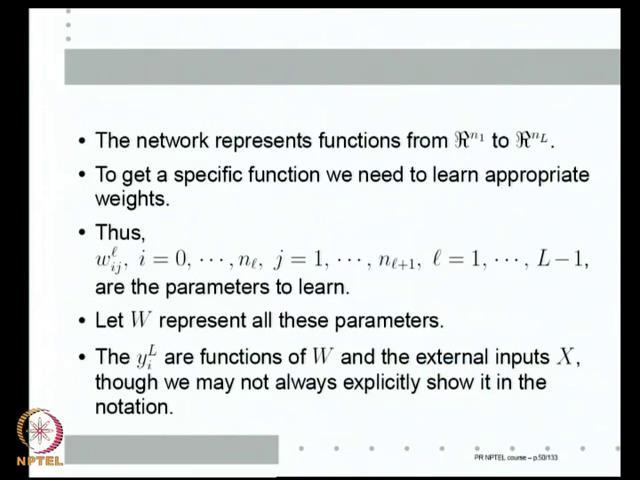 (Refer Slide Time: 24:35) So, the network represents a function from R n 1 to R n l to get a specific function we need to learn appropriate weights.