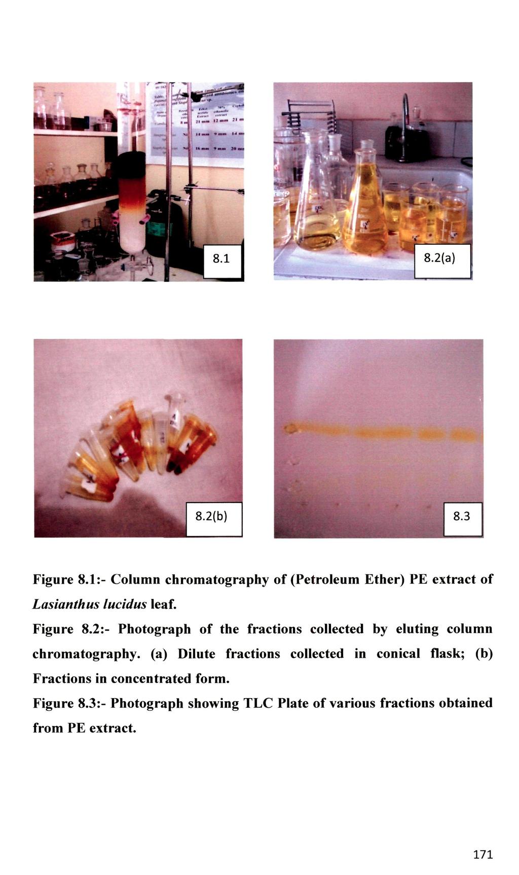 Figure 8.1:- Column chromatography of (Petroleum Ether) PE extract of Lasianthus lucidus leaf. Figure 8.