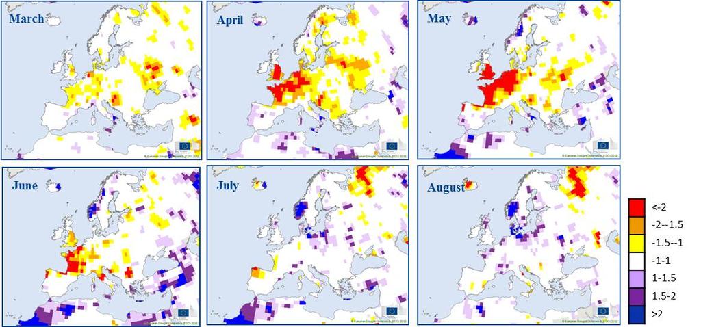 Figure1: SPI 3 images of Europe from March to August 2011 RESULTS AND DISCUSSION The temporal comparison of LSA SAF fapar and MERIS fapar can be seen in Figure 2.