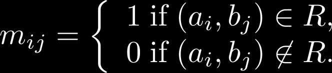 Representing Relations Using Matrices A relation between finite sets can be represented using a zero-one matrix. Suppose R is a relation from A = {a 1, a 2,, a m } to B = {b 1, b 2,, b n }.