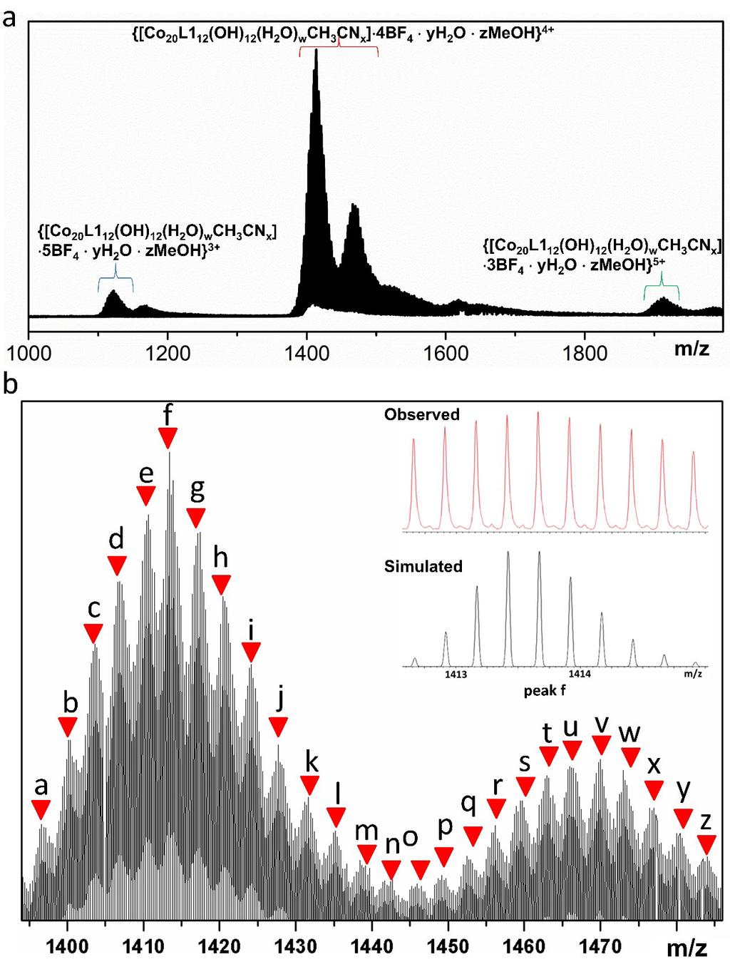 Figure S5. (a) ESI-TOF mass spectrum of 1. (b) Expanded spectra for 26 species {[Co20L112(OH)12(H2O)w(CH3CN)x] 4BF4 yh2o zmeoh} 4+ (peaks a-z: w = 0-4, x = 0-4, y = 0-4, z = 0-7).