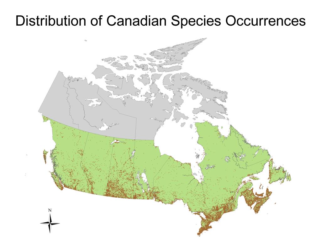 Spatial Limitations: Element Occurrences in eastern Canada Network data coverage for some species in some areas is high; artifact of where species of conservation risk occur