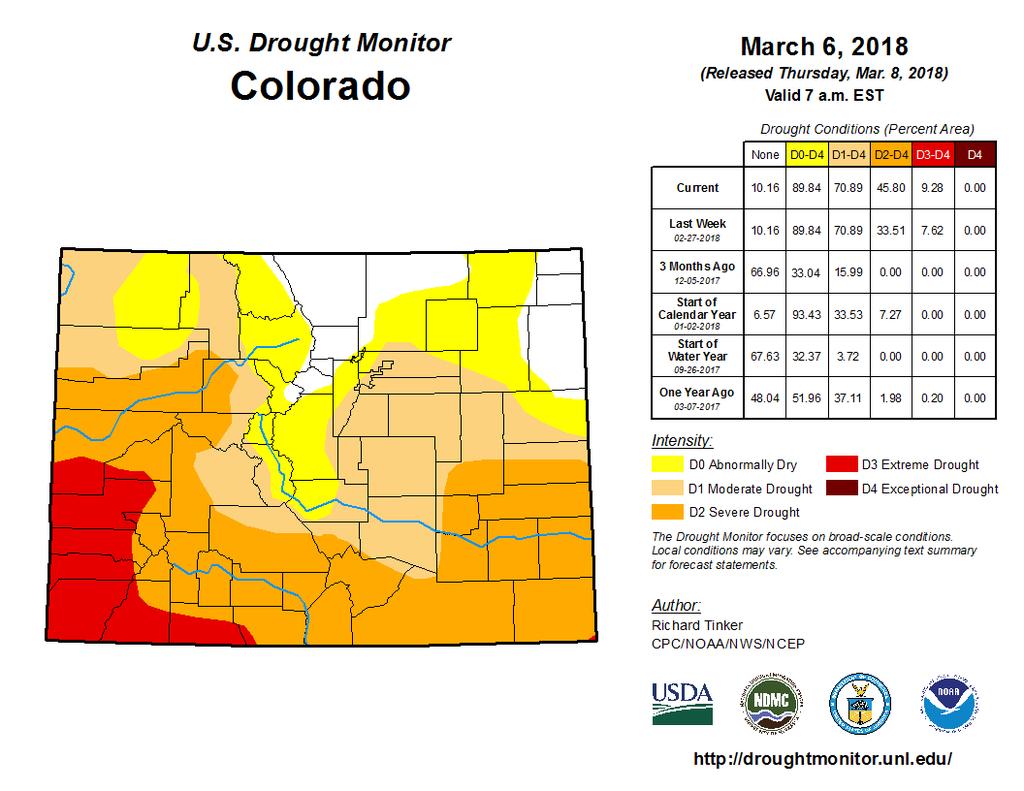 This map shows the current US Drought monitor depiction of conditions in Colorado.