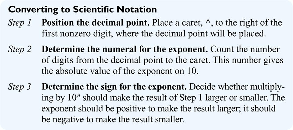 Converting to Scientific Notation To write numbers in scientific notation, we use the following steps.