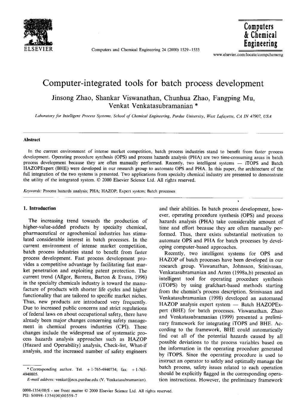 ELSEVER Computers and Chemical Engineering 24 (2000) 1529-1533 Computers & Chemical Engineering www.elsevier.